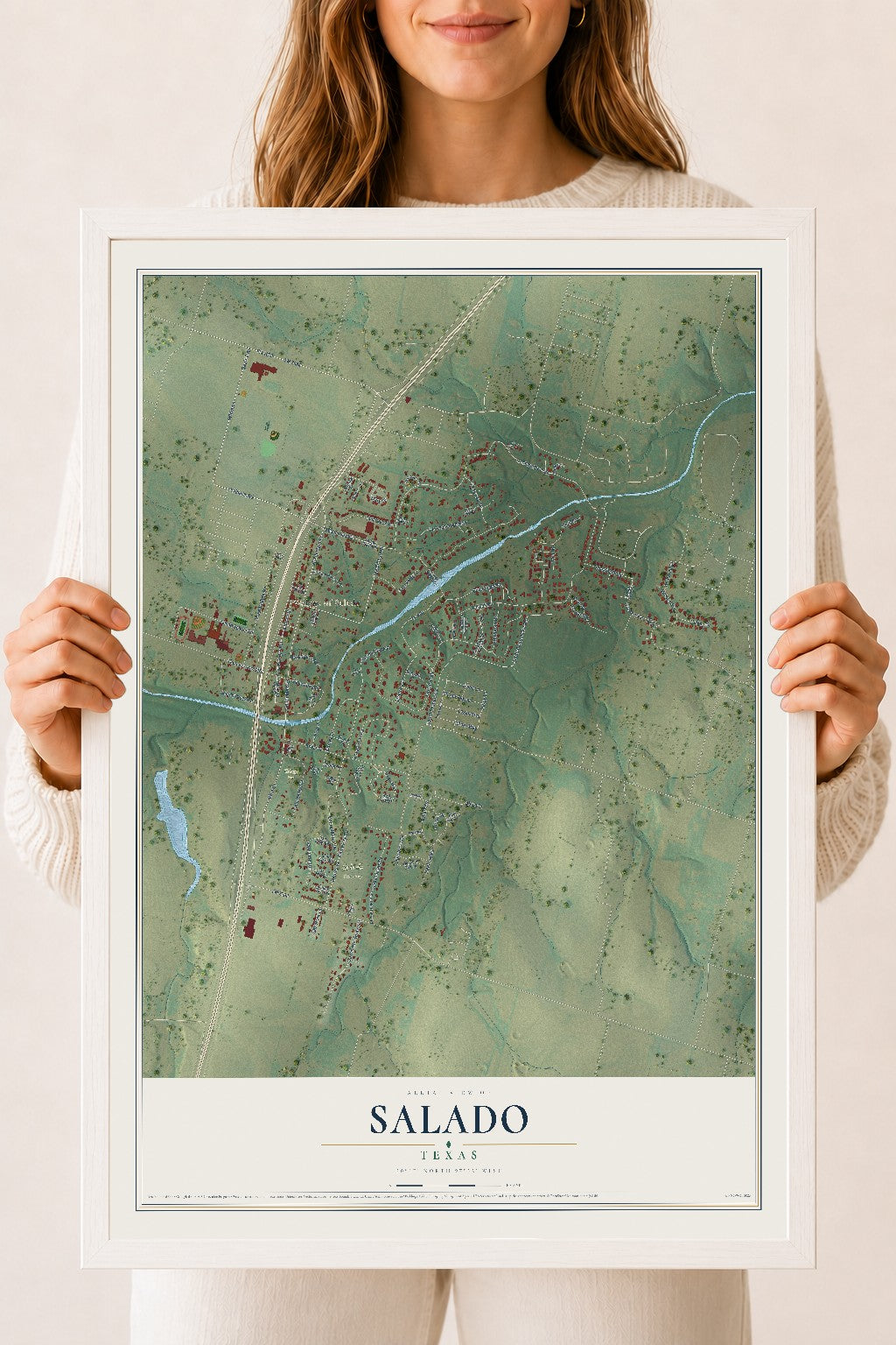 Map of Salado, Texas, 18 x 24 inch print in a white wood frame
