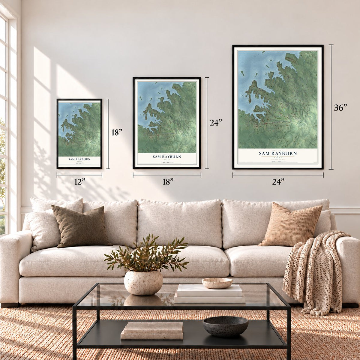 Sam Rayburn, Texas map in 12 x 18, 18 x 24 and 24 x 36 inch sizes above a sofa