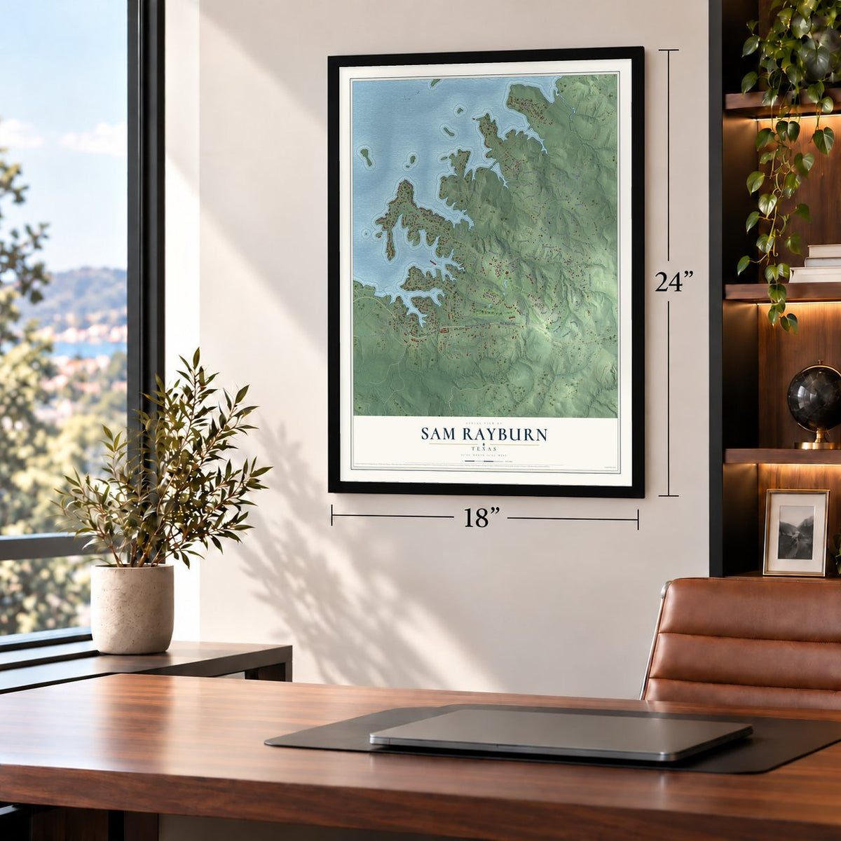 Sam Rayburn, Texas map, 18 x 24 inch print in a black frame in a home office