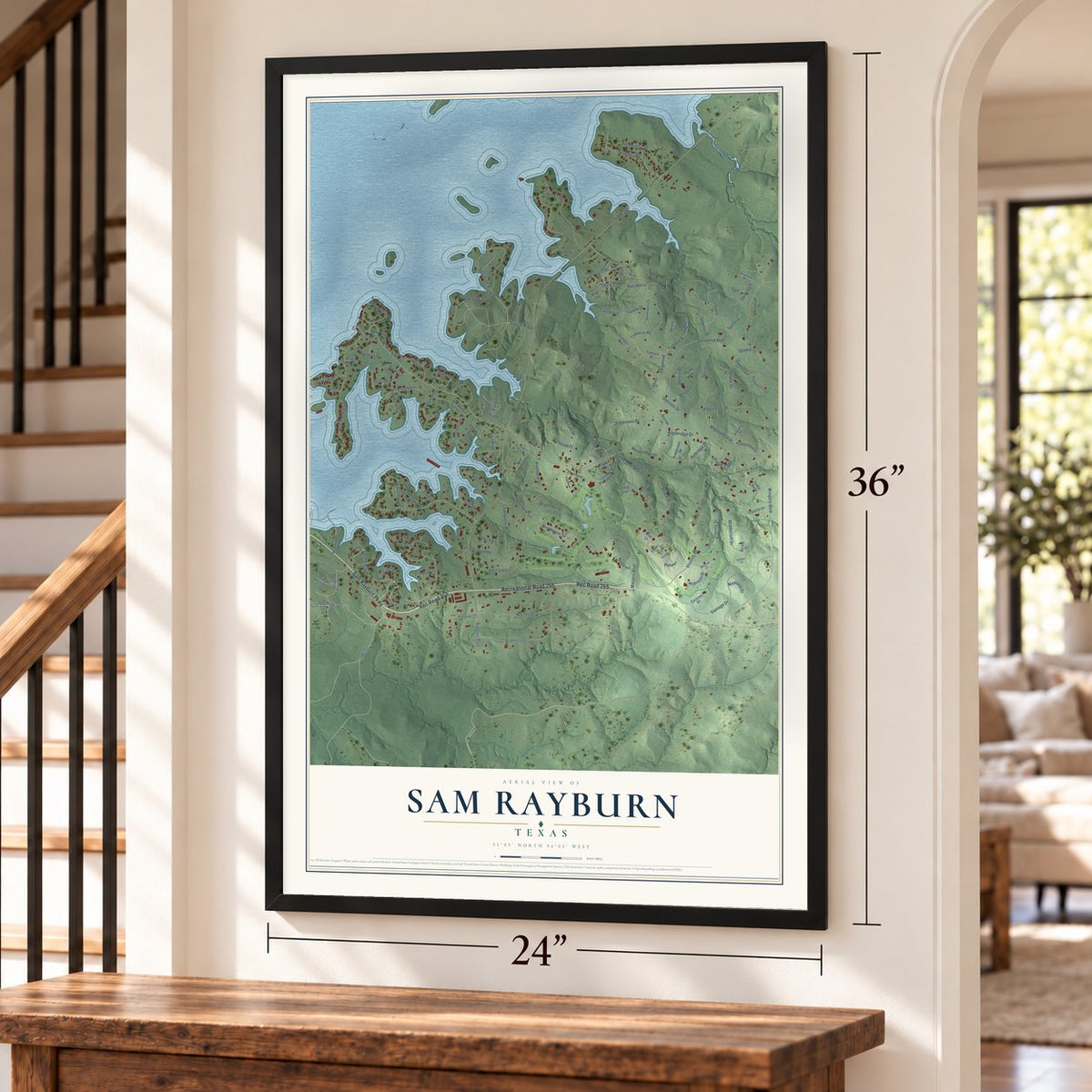 Sam Rayburn, Texas map, 24 x 36 inch print in a black frame by a staircase