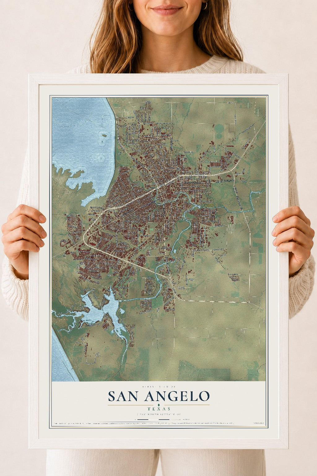 Map of San Angelo, Texas, 18 x 24 inch print in a white wood frame