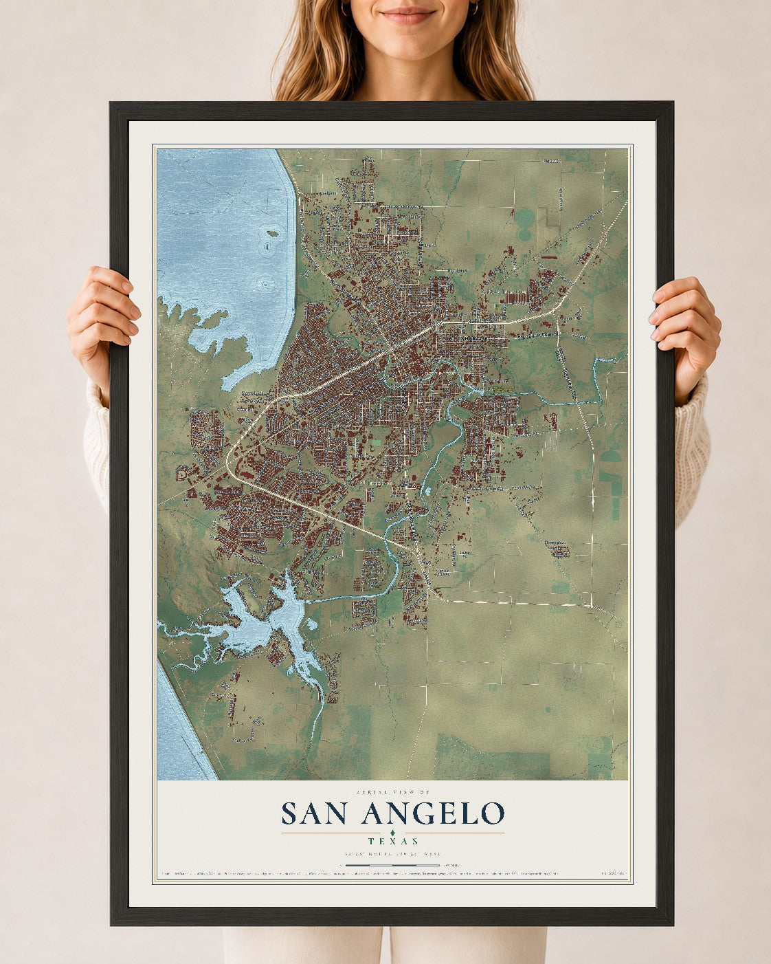 Map of San Angelo, Texas, 24 x 36 inch print in a black wood frame