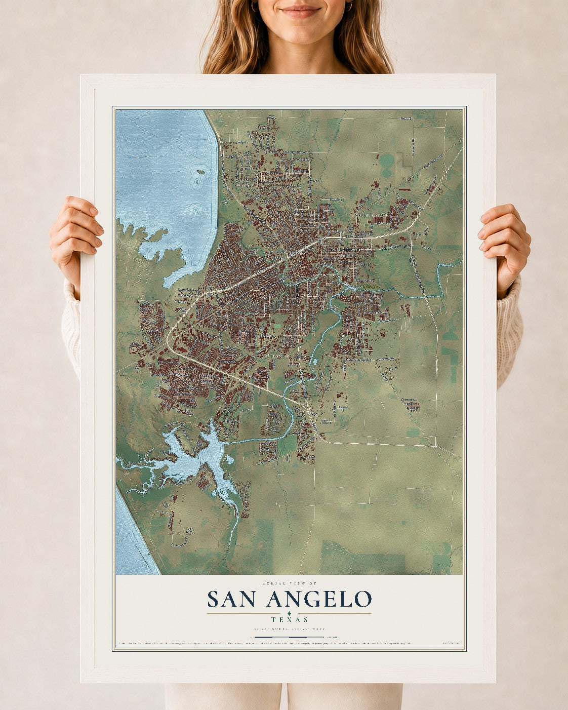 Map of San Angelo, Texas, 24 x 36 inch print in a white wood frame