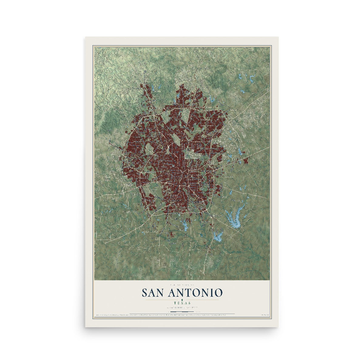 Map of San Antonio, Texas, 12 x 18 inch unframed archival matte print