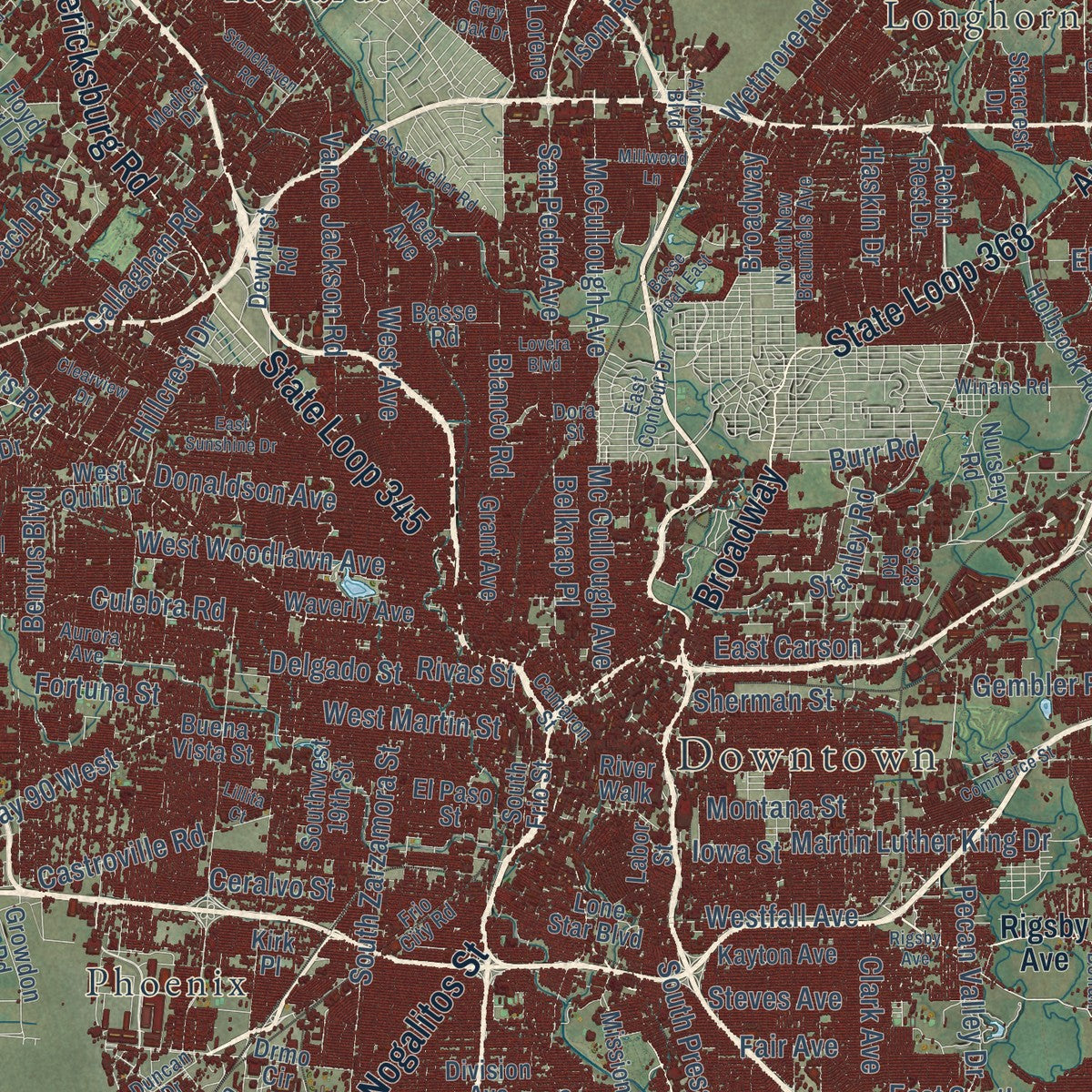 Close-up of the map of San Antonio, Texas print showing street and building detail