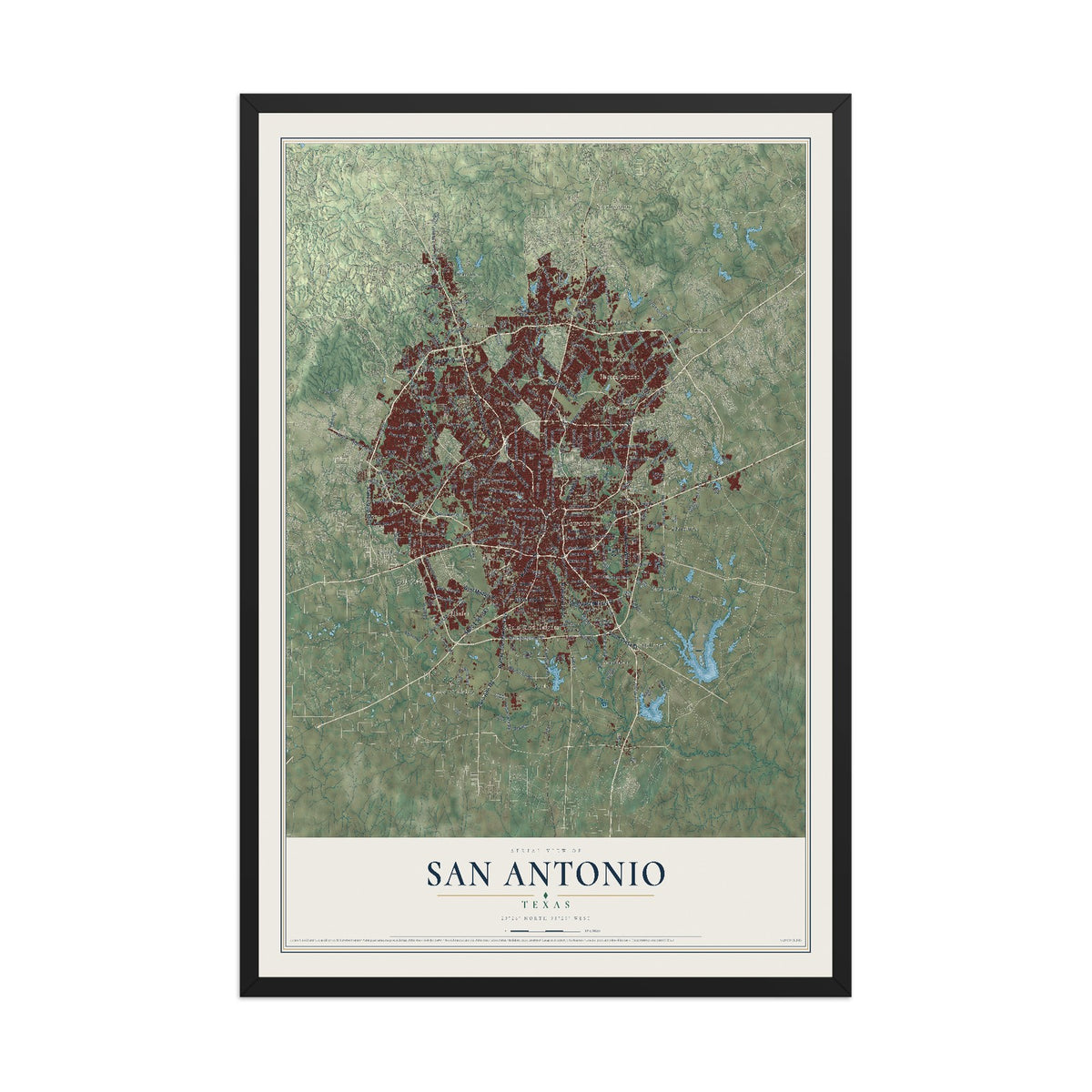 Map of San Antonio, Texas, 12 x 18 inch print in a black wood frame