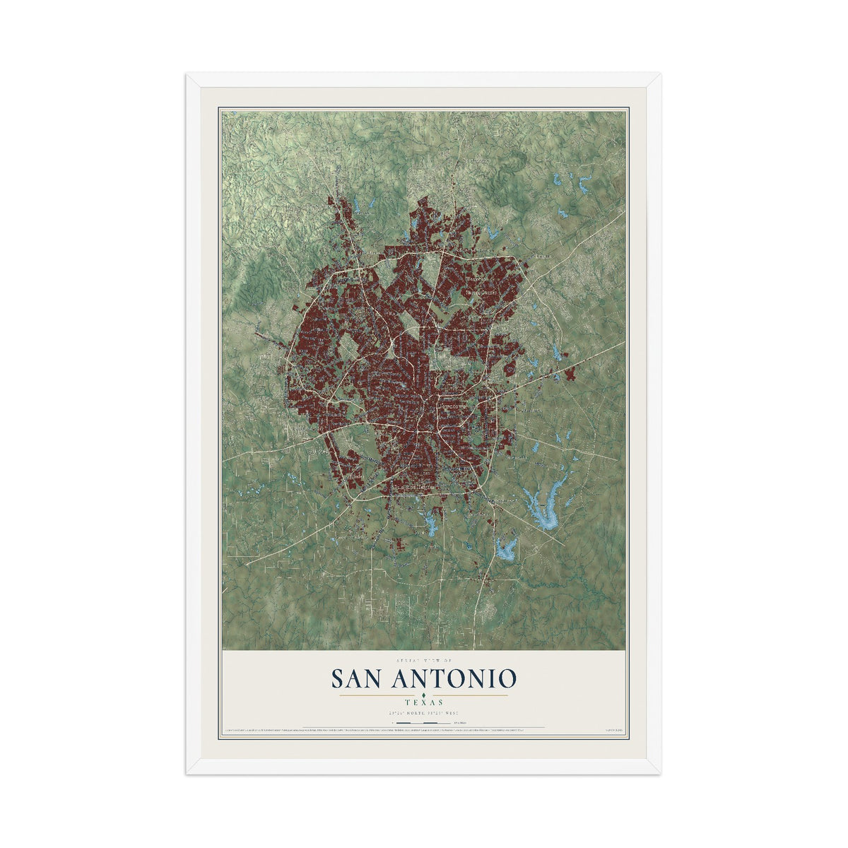Map of San Antonio, Texas, 12 x 18 inch print in a white wood frame