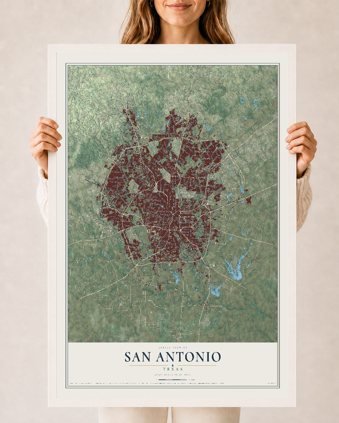 Map of San Antonio, Texas, 24 x 36 inch print in a white wood frame