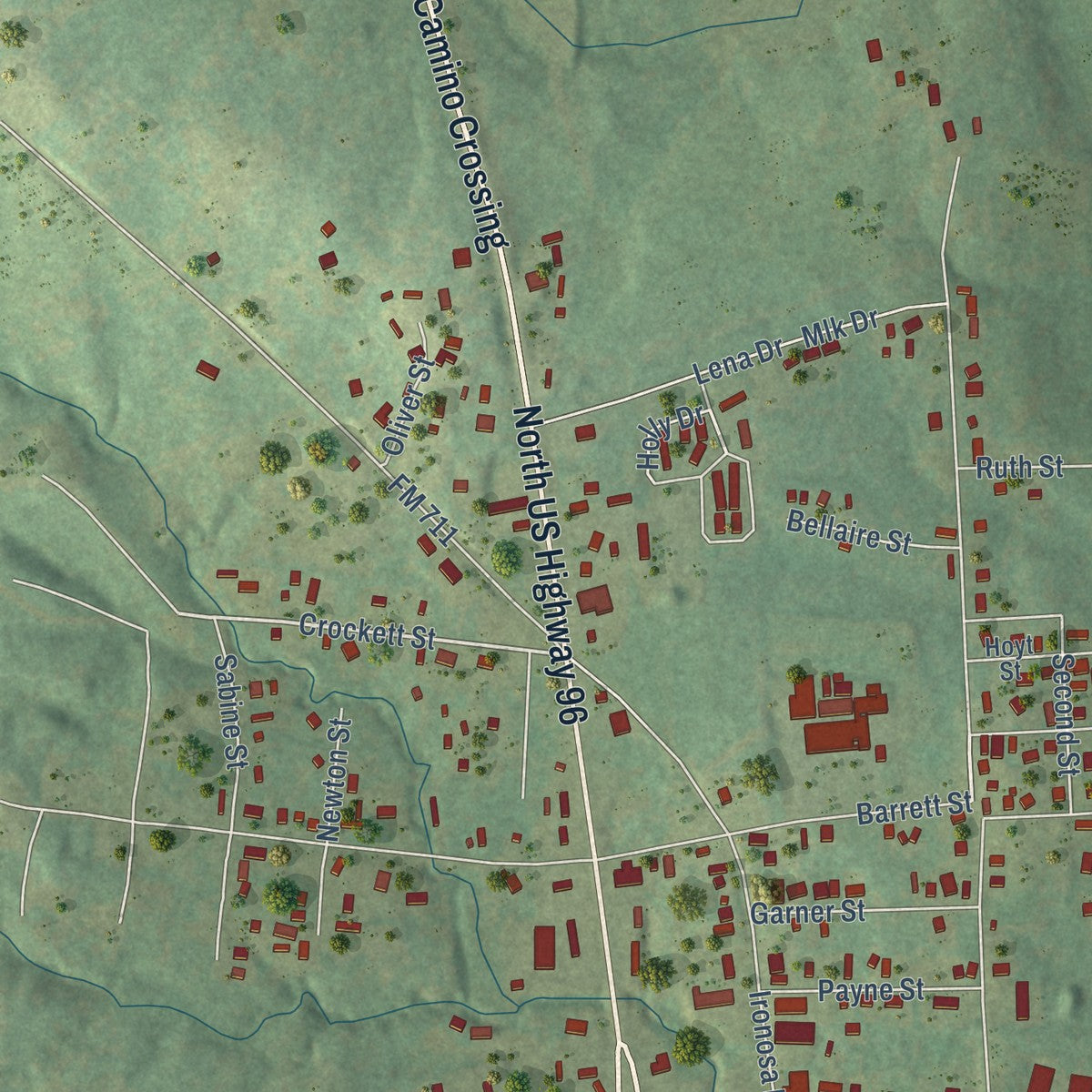 Second close-up of the map of San Augustine, Texas print showing more streets and buildings