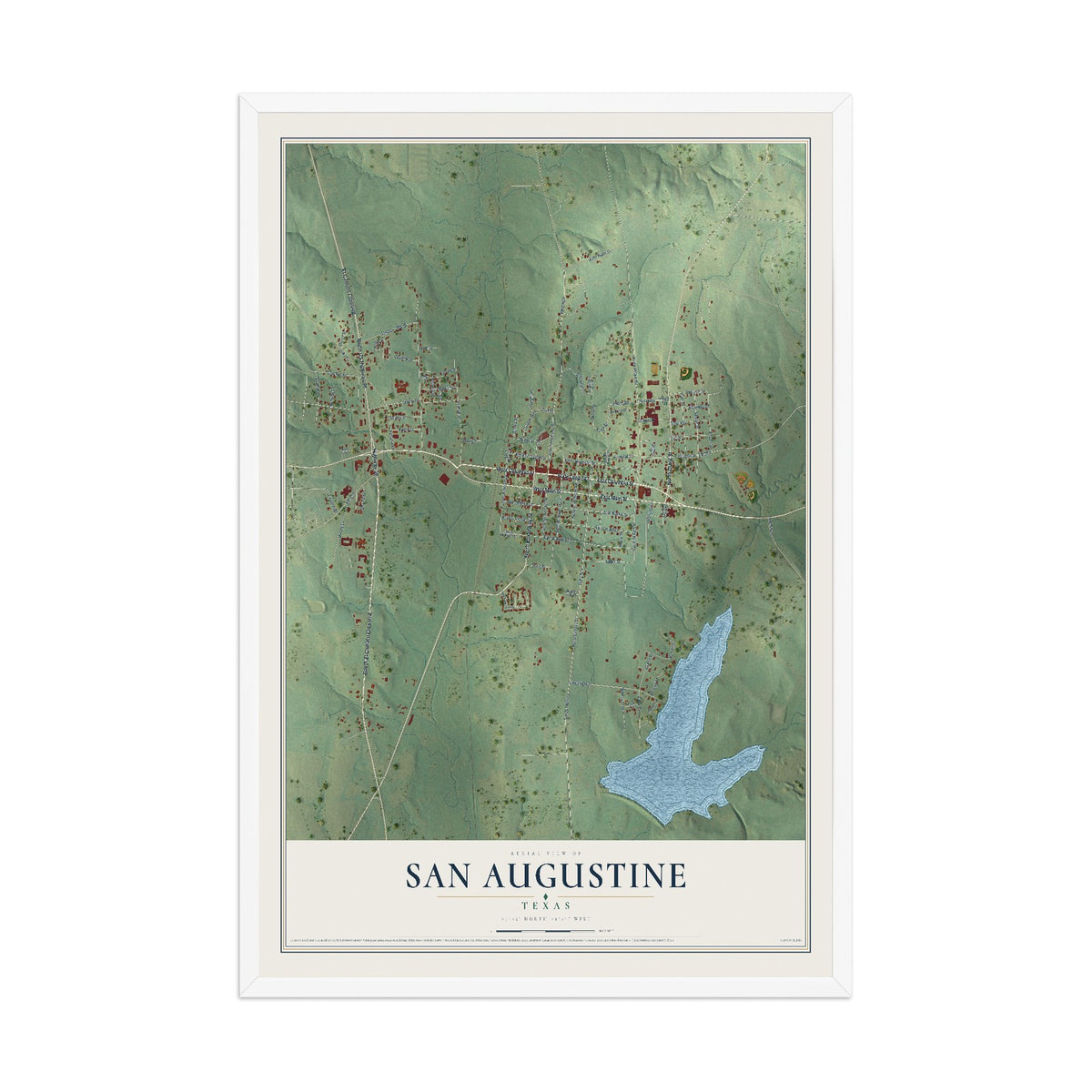 Map of San Augustine, Texas, 12 x 18 inch print in a white wood frame