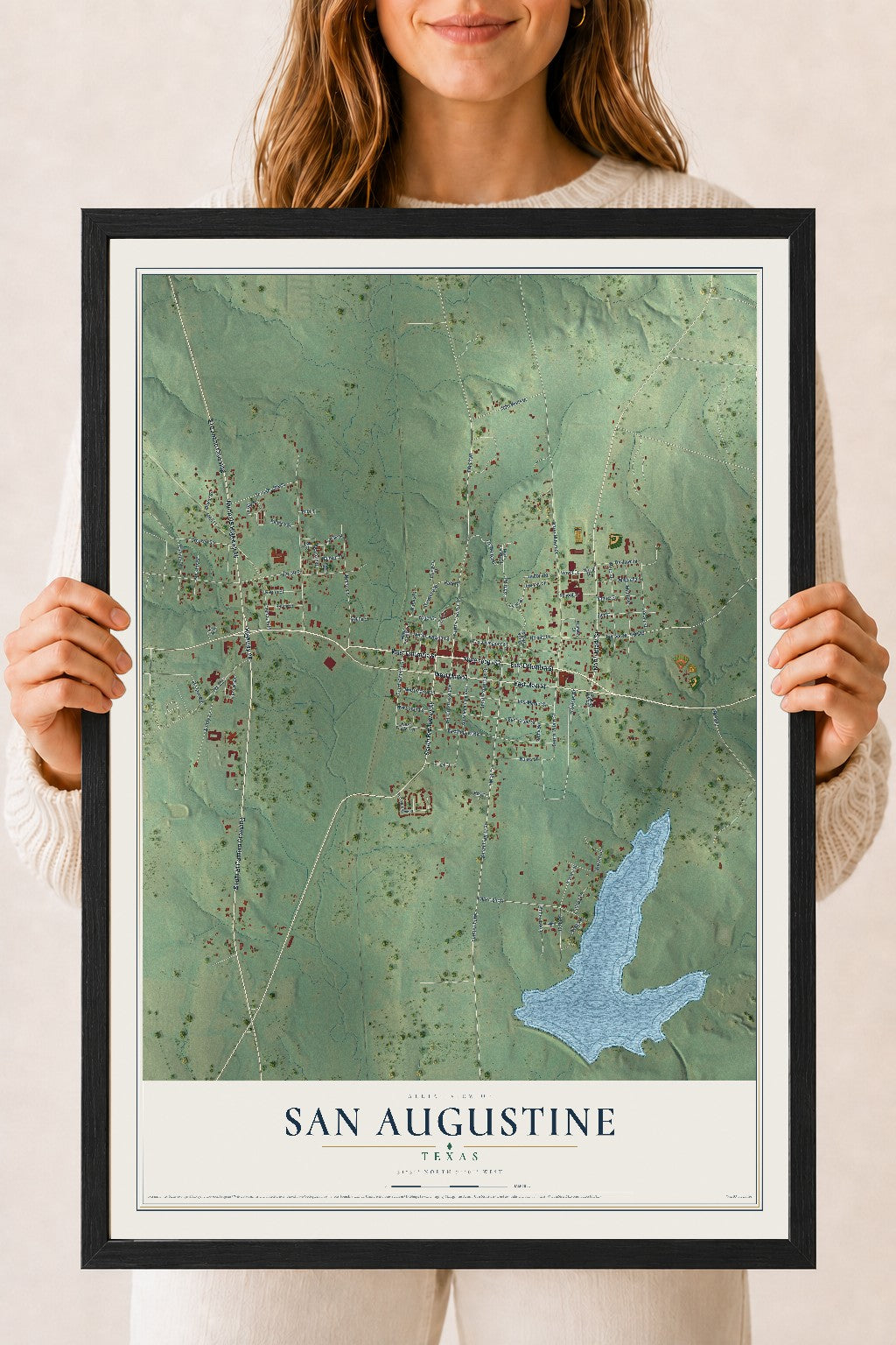 Map of San Augustine, Texas, 18 x 24 inch print in a black wood frame