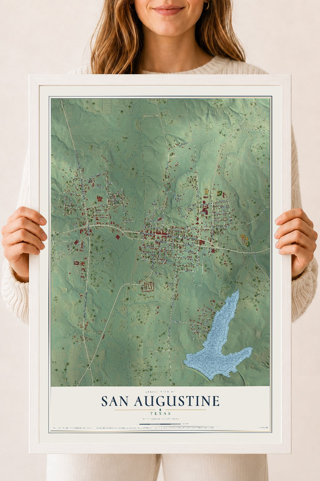 Map of San Augustine, Texas, 18 x 24 inch print in a white wood frame