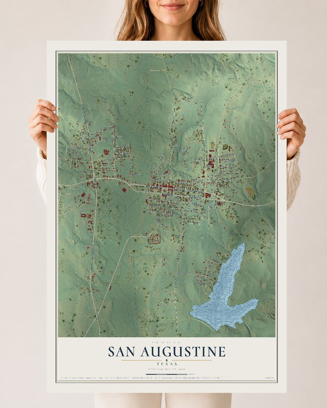 Map of San Augustine, Texas, 24 x 36 inch unframed archival matte print