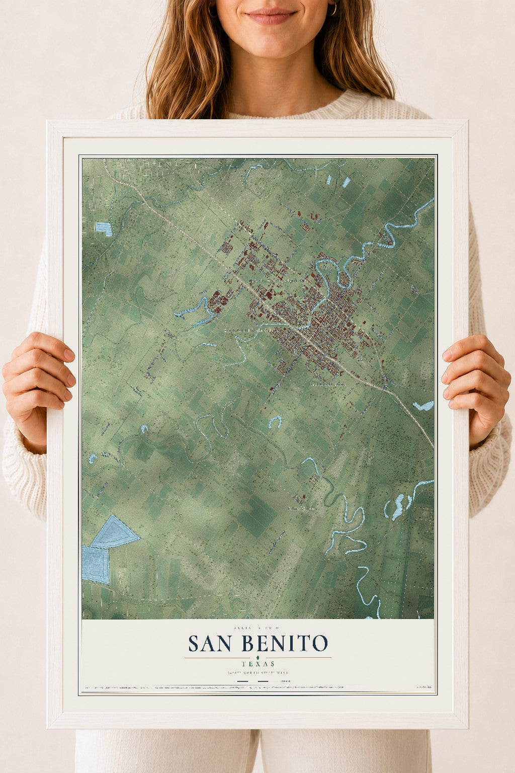 Map of San Benito, Texas, 18 x 24 inch print in a white wood frame