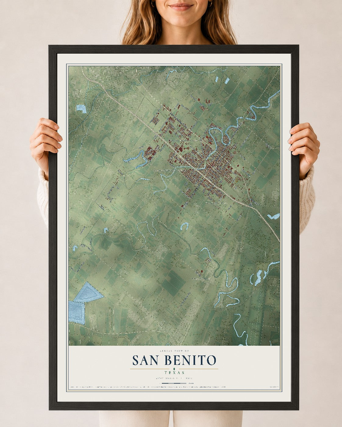 Map of San Benito, Texas, 24 x 36 inch print in a black wood frame