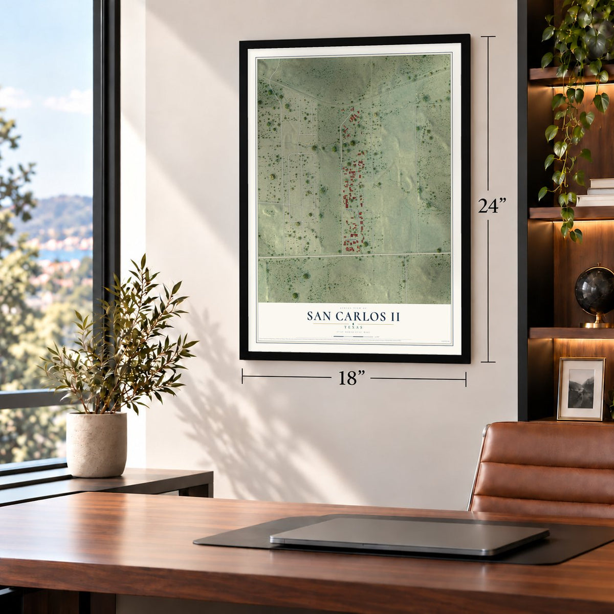 San Carlos II, Texas map, 18 x 24 inch print in a black frame in a home office