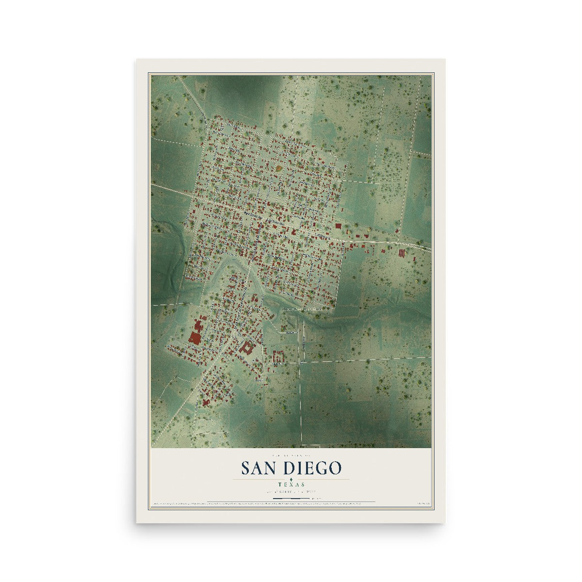 Map of San Diego, Texas, 12 x 18 inch unframed archival matte print