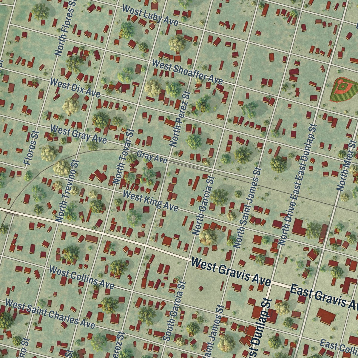 Close-up of the map of San Diego, Texas print showing street and building detail