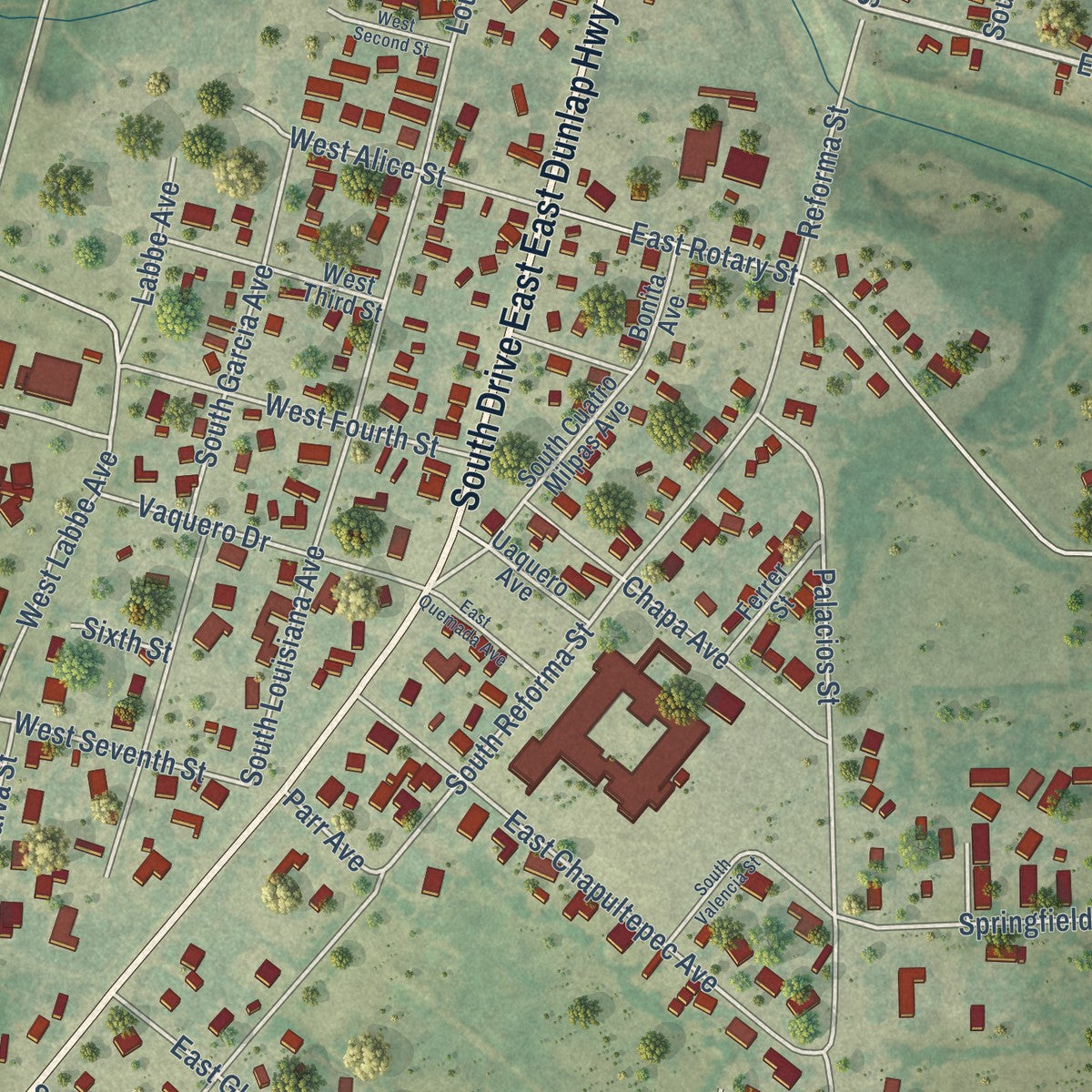 Second close-up of the map of San Diego, Texas print showing more streets and buildings
