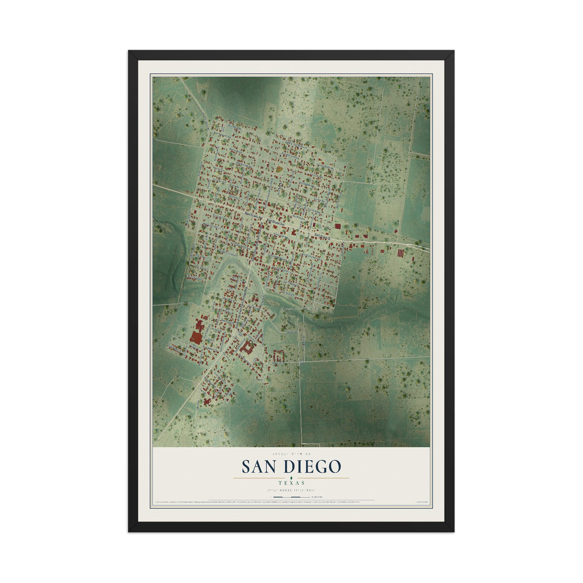 Map of San Diego, Texas, 12 x 18 inch print in a black wood frame