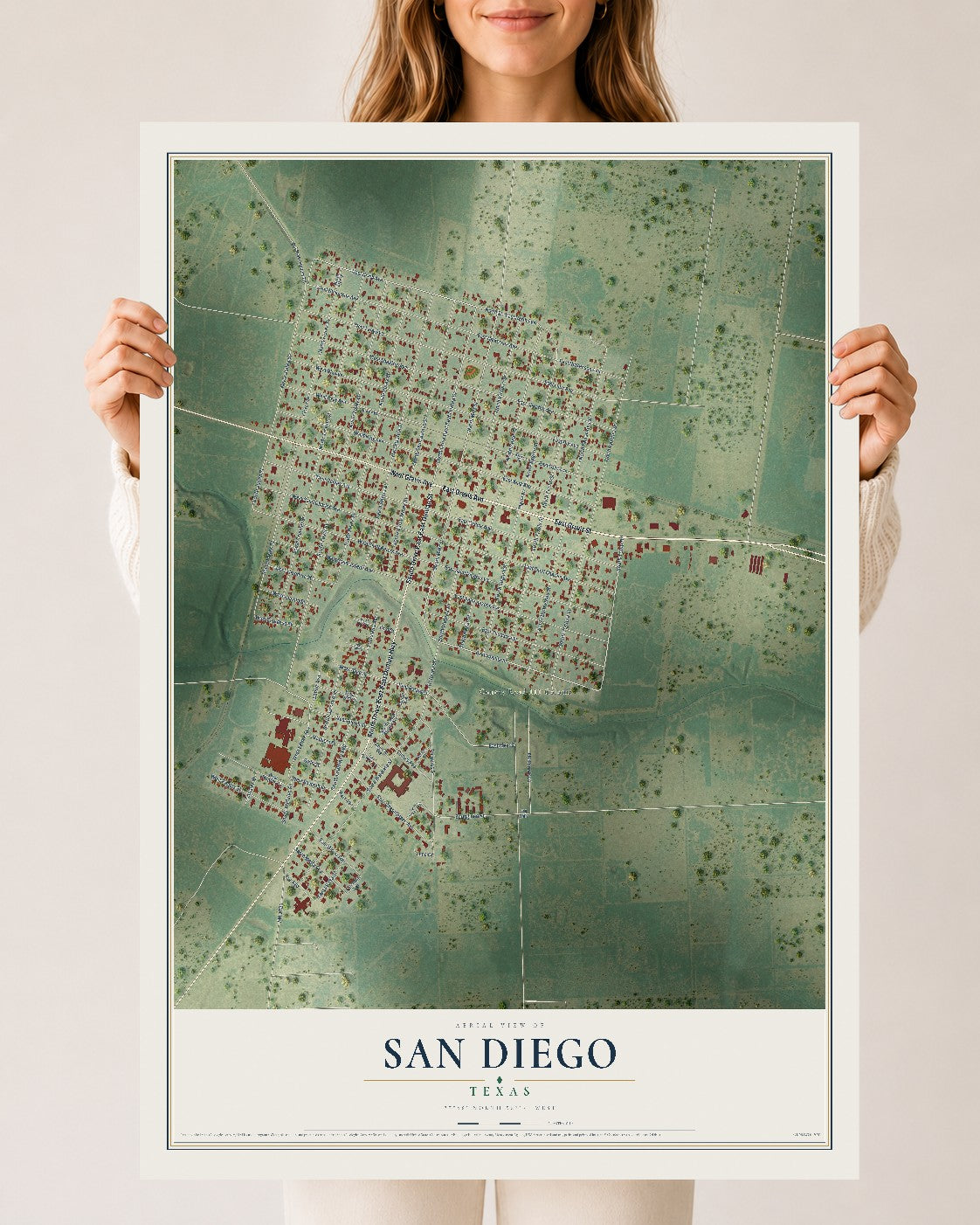Map of San Diego, Texas, 24 x 36 inch unframed archival matte print