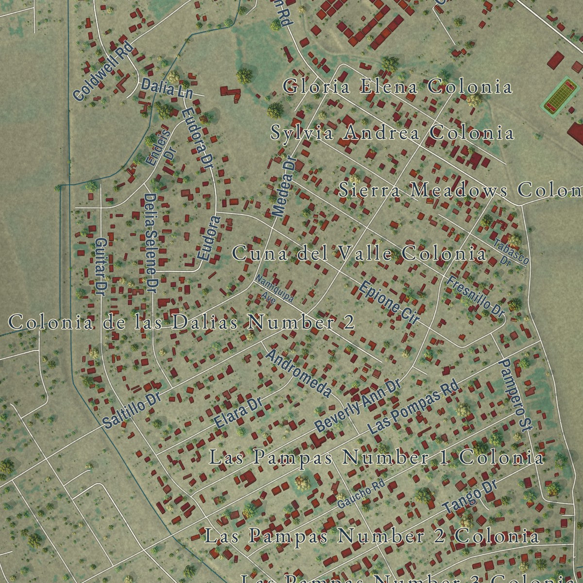 Close-up of the map of San Elizario, Texas print showing street and building detail