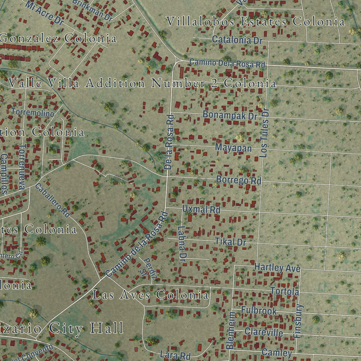 Second close-up of the map of San Elizario, Texas print showing more streets and buildings