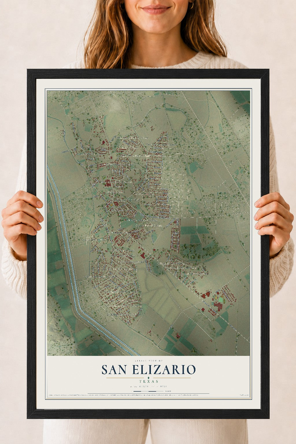 Map of San Elizario, Texas, 18 x 24 inch print in a black wood frame