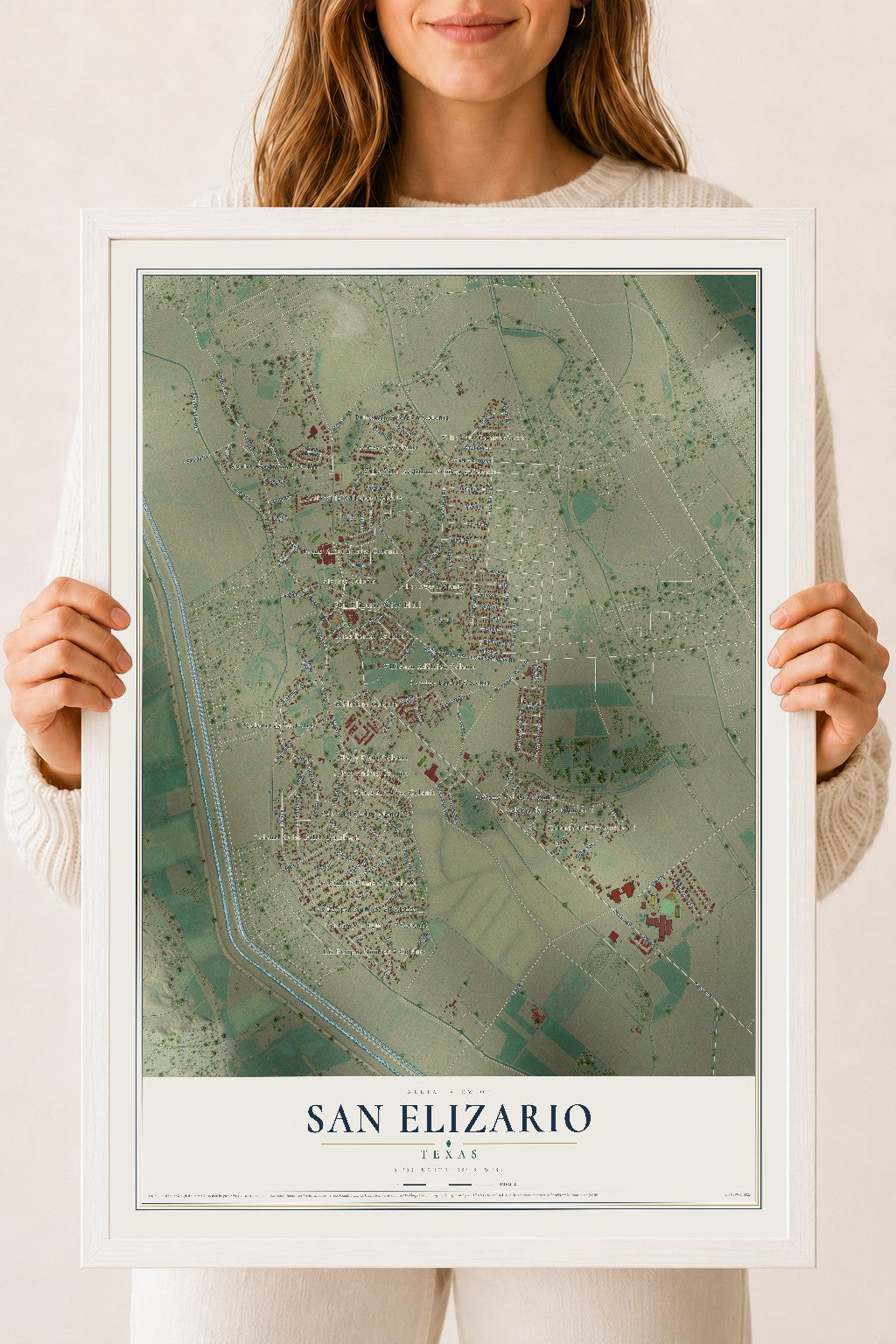 Map of San Elizario, Texas, 18 x 24 inch print in a white wood frame