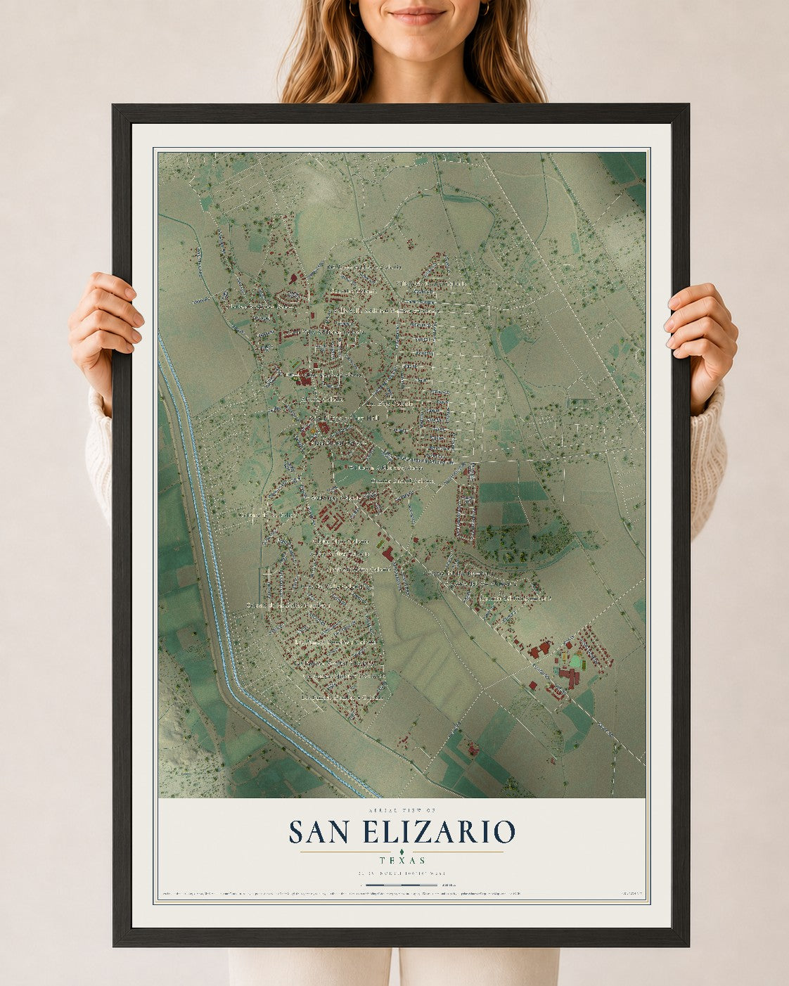 Map of San Elizario, Texas, 24 x 36 inch print in a black wood frame