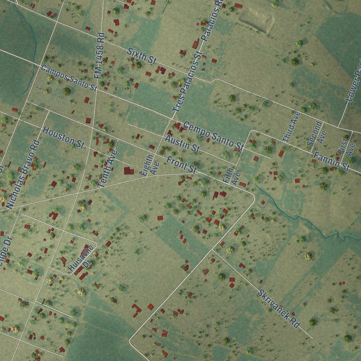 Close-up of the map of San Felipe, Texas print showing street and building detail