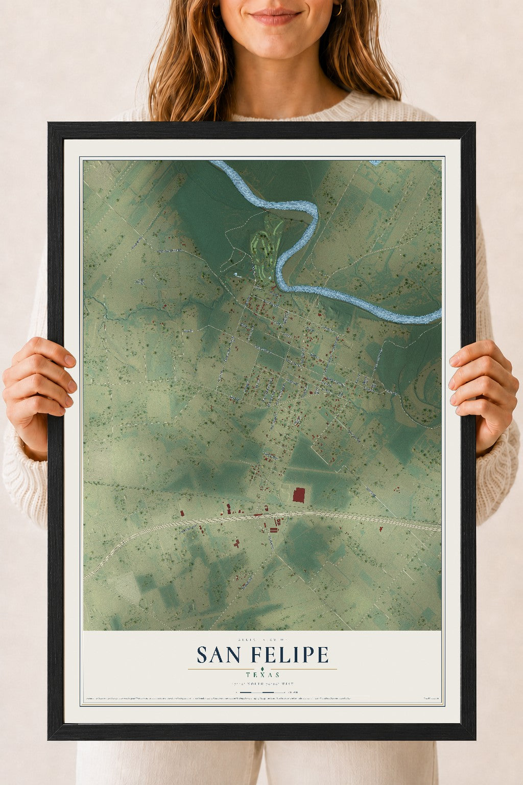 Map of San Felipe, Texas, 18 x 24 inch print in a black wood frame