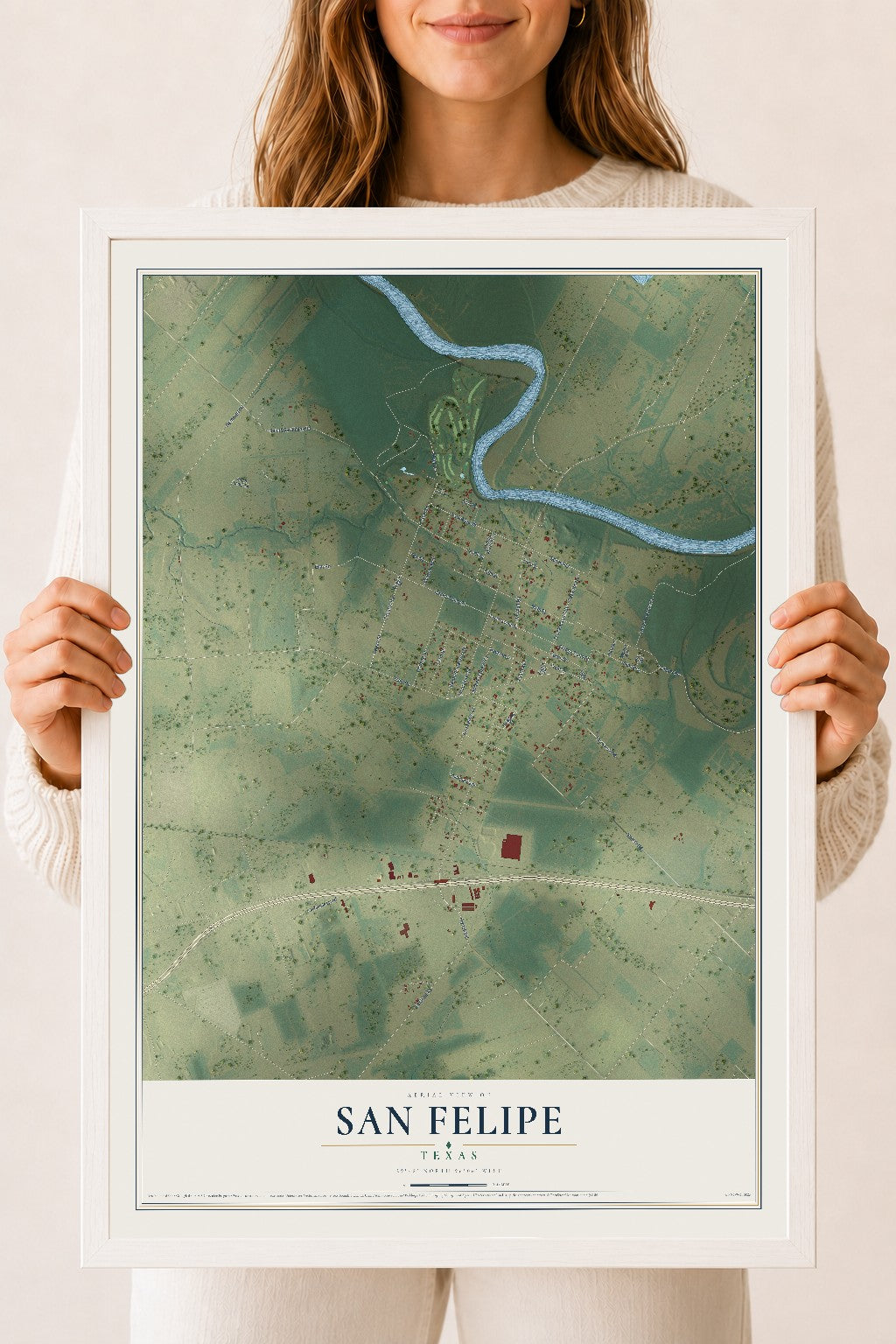 Map of San Felipe, Texas, 18 x 24 inch print in a white wood frame