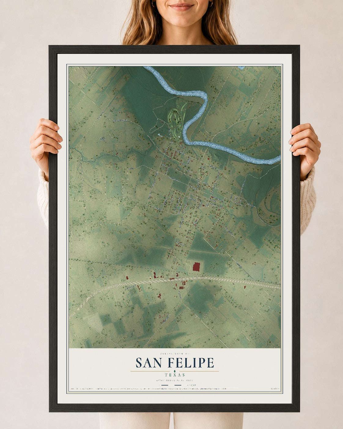 Map of San Felipe, Texas, 24 x 36 inch print in a black wood frame