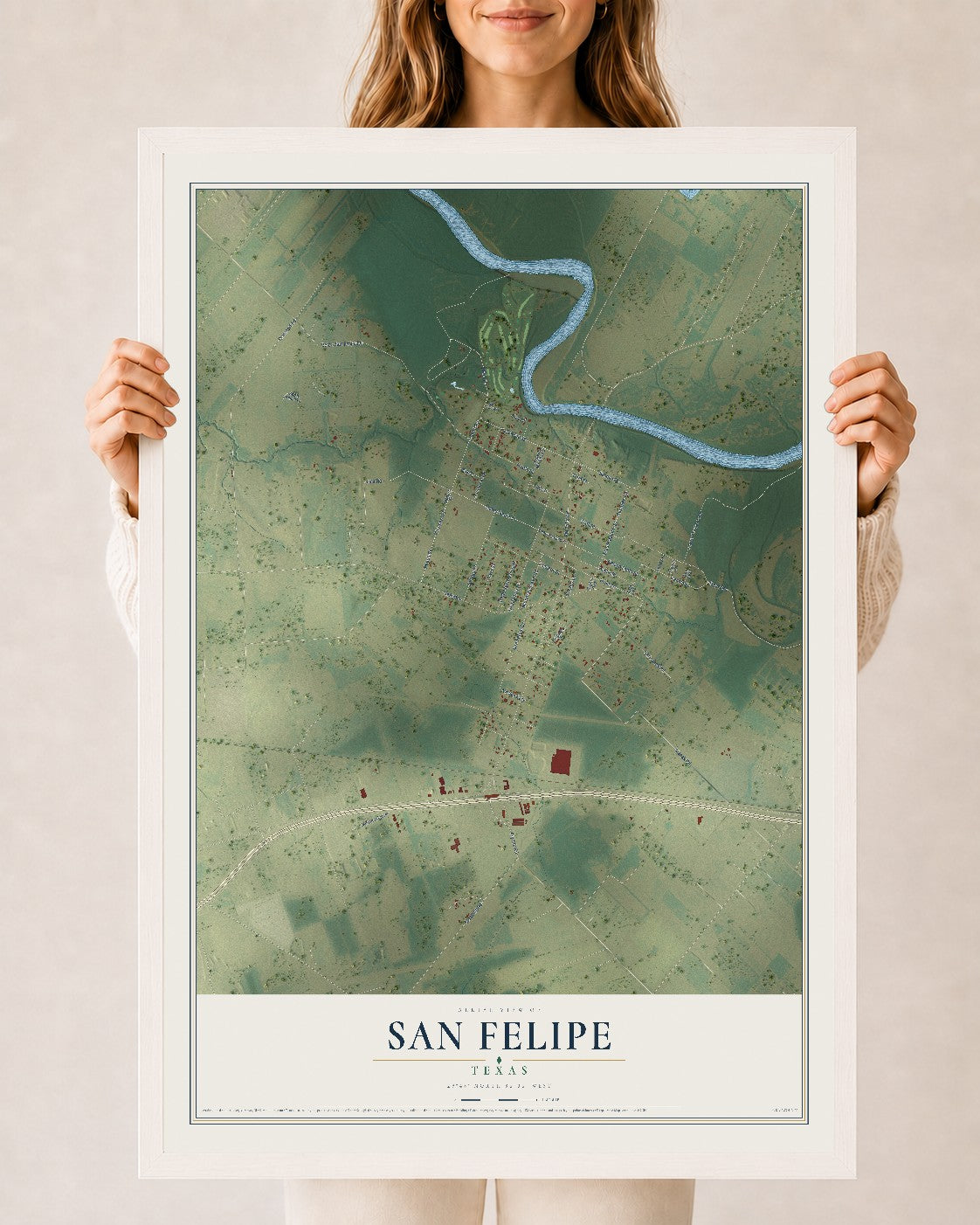 Map of San Felipe, Texas, 24 x 36 inch print in a white wood frame