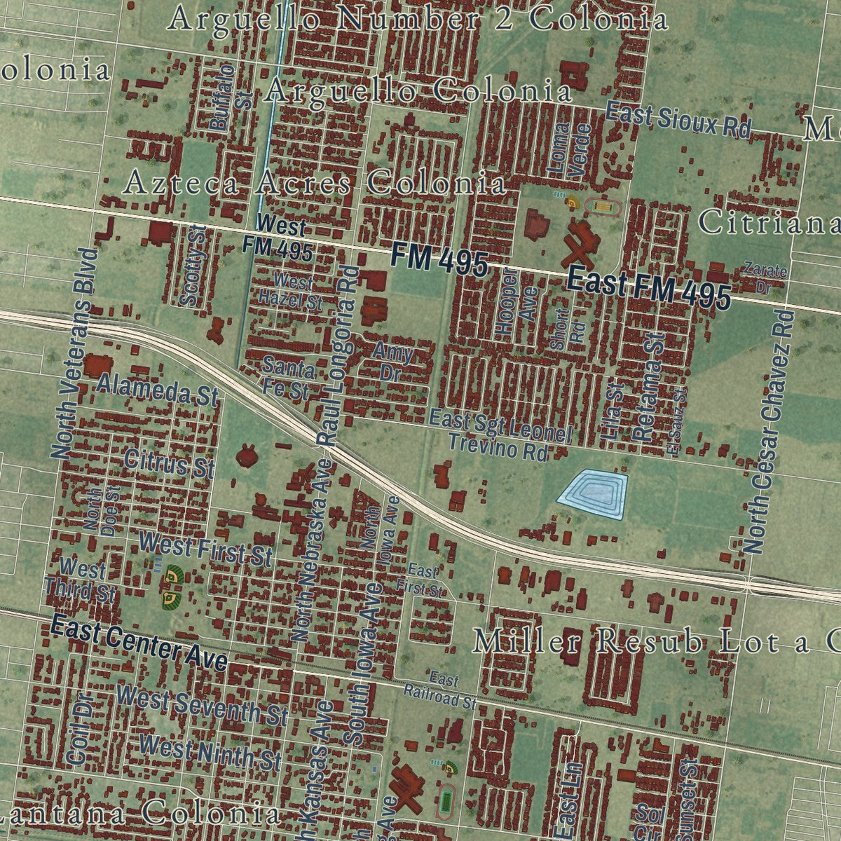 Close-up of the map of San Juan, Texas print showing street and building detail