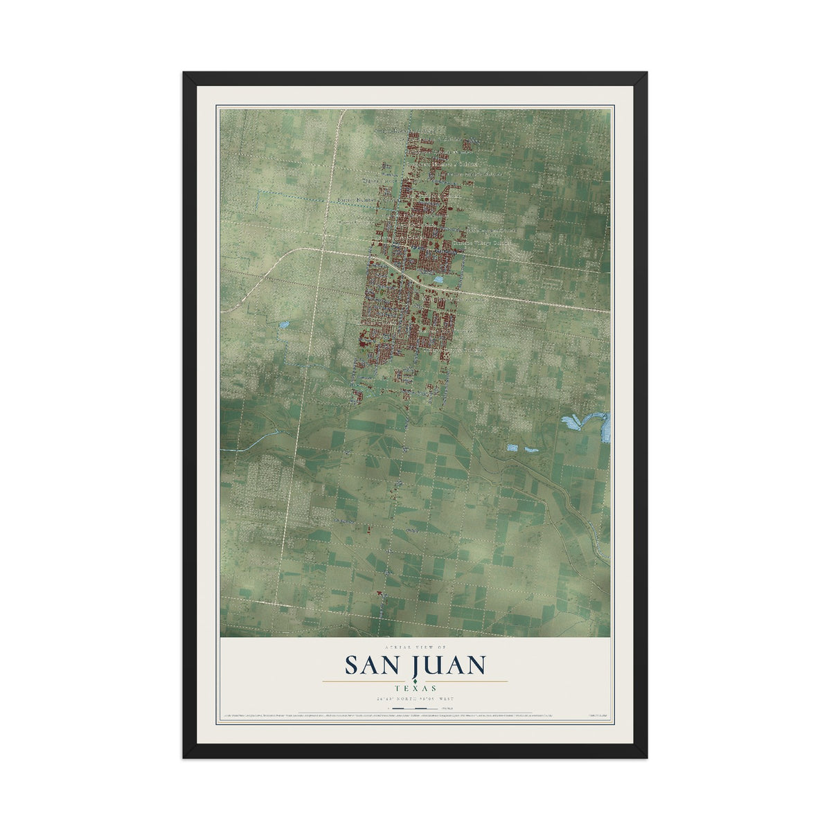 Map of San Juan, Texas, 12 x 18 inch print in a black wood frame