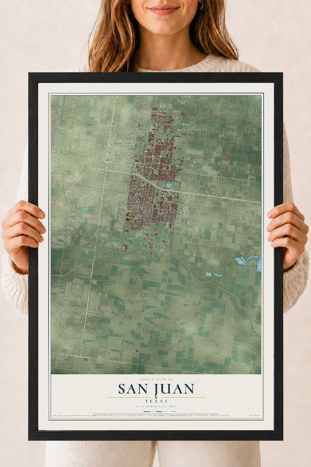 Map of San Juan, Texas, 18 x 24 inch print in a black wood frame