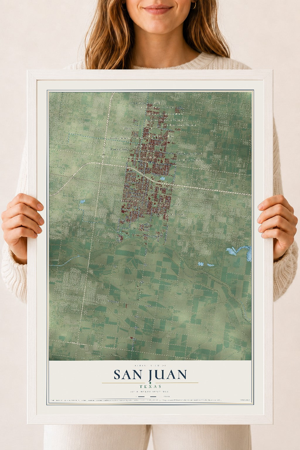 Map of San Juan, Texas, 18 x 24 inch print in a white wood frame