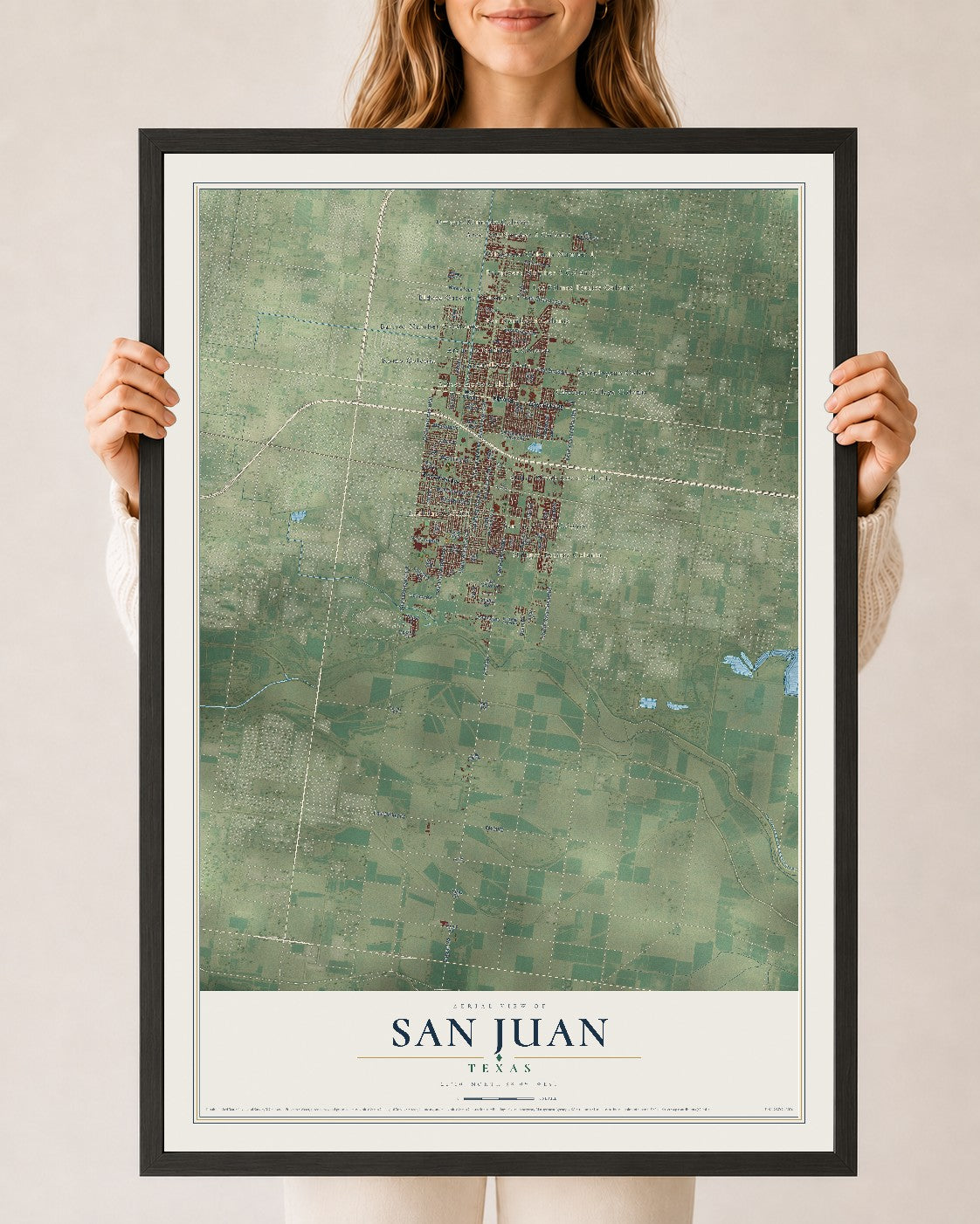 Map of San Juan, Texas, 24 x 36 inch print in a black wood frame