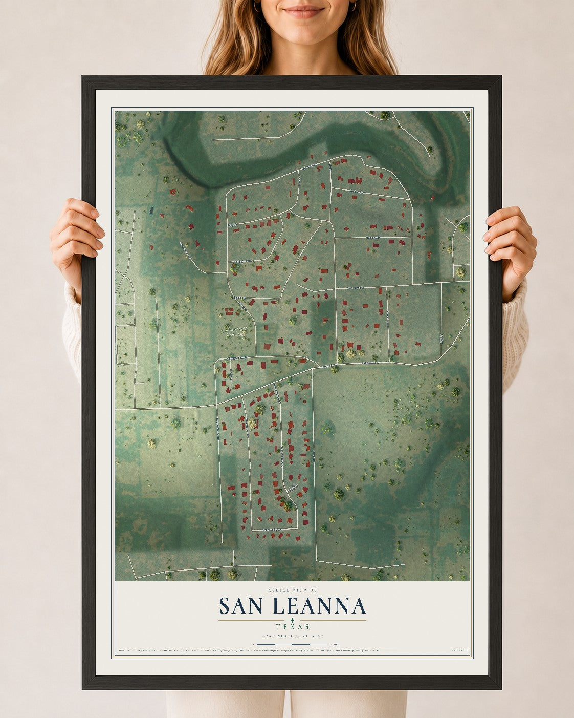 Map of San Leanna, Texas, 24 x 36 inch print in a black wood frame
