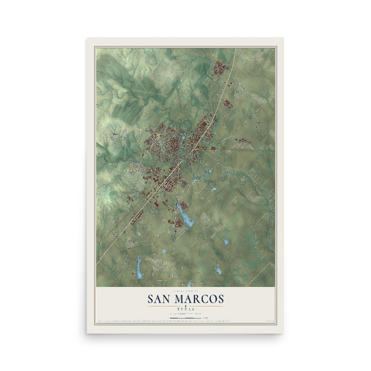 Map of San Marcos, Texas, 12 x 18 inch unframed archival matte print