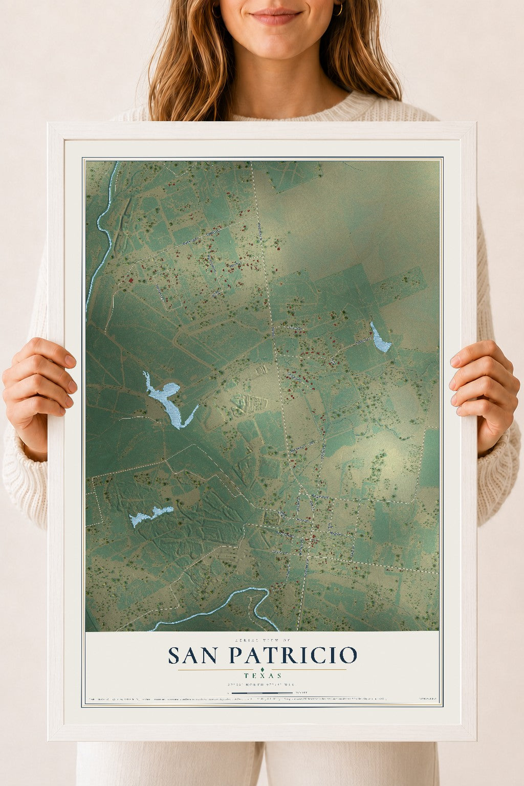 Map of San Patricio, Texas, 18 x 24 inch print in a white wood frame