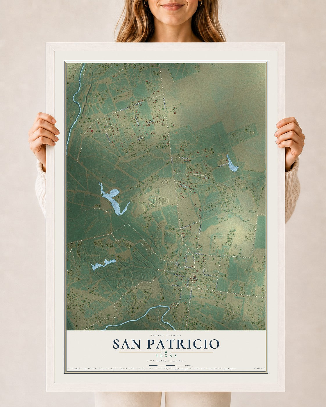 Map of San Patricio, Texas, 24 x 36 inch print in a white wood frame