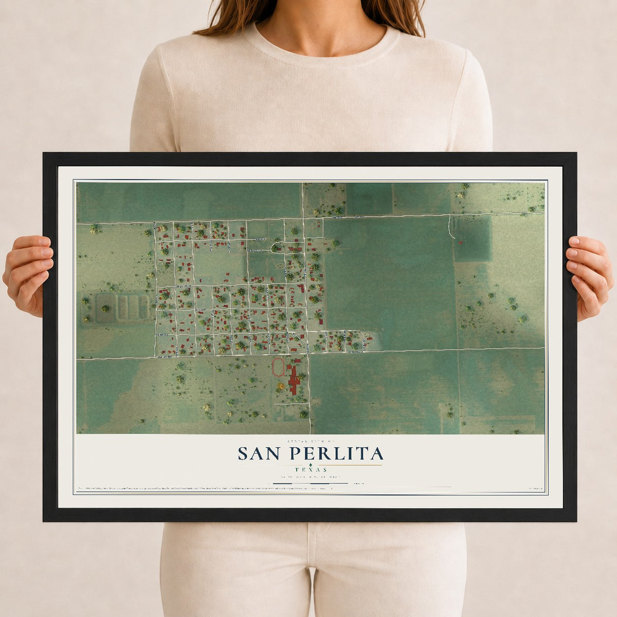 Map of San Perlita, Texas, 12 x 18 inch print in a black wood frame