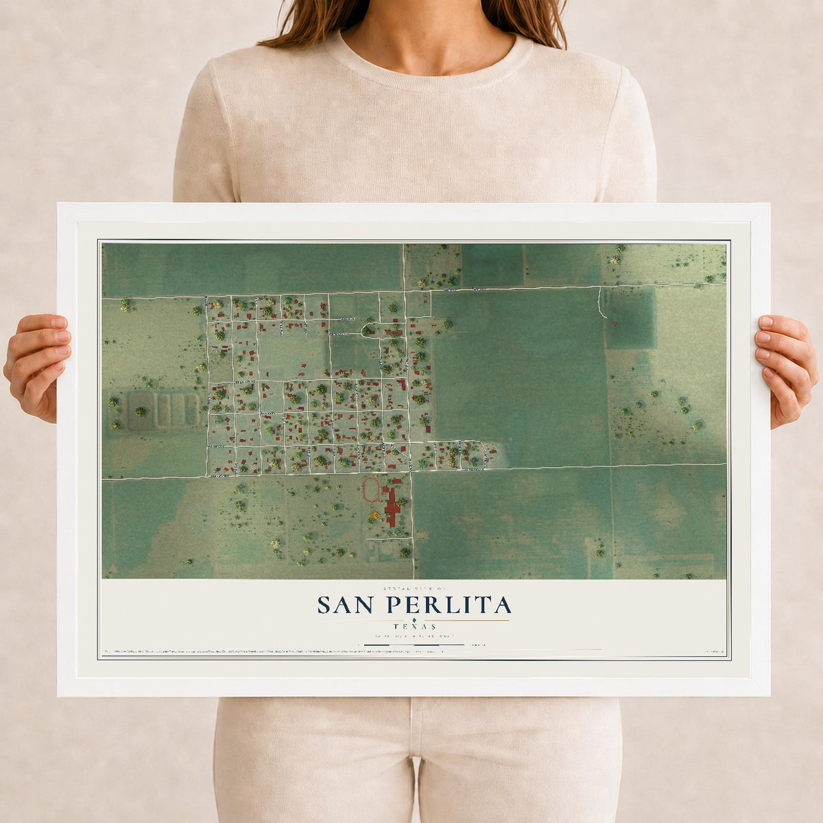 Map of San Perlita, Texas, 12 x 18 inch print in a white wood frame