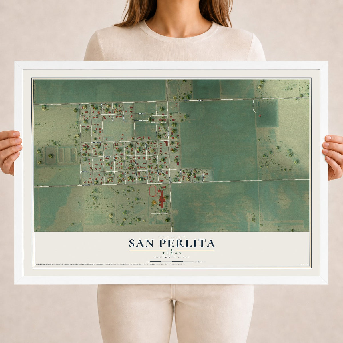 Map of San Perlita, Texas, 18 x 24 inch print in a white wood frame