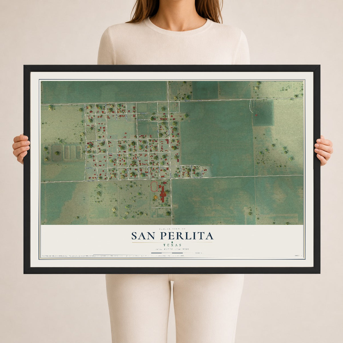 Map of San Perlita, Texas, 24 x 36 inch print in a black wood frame
