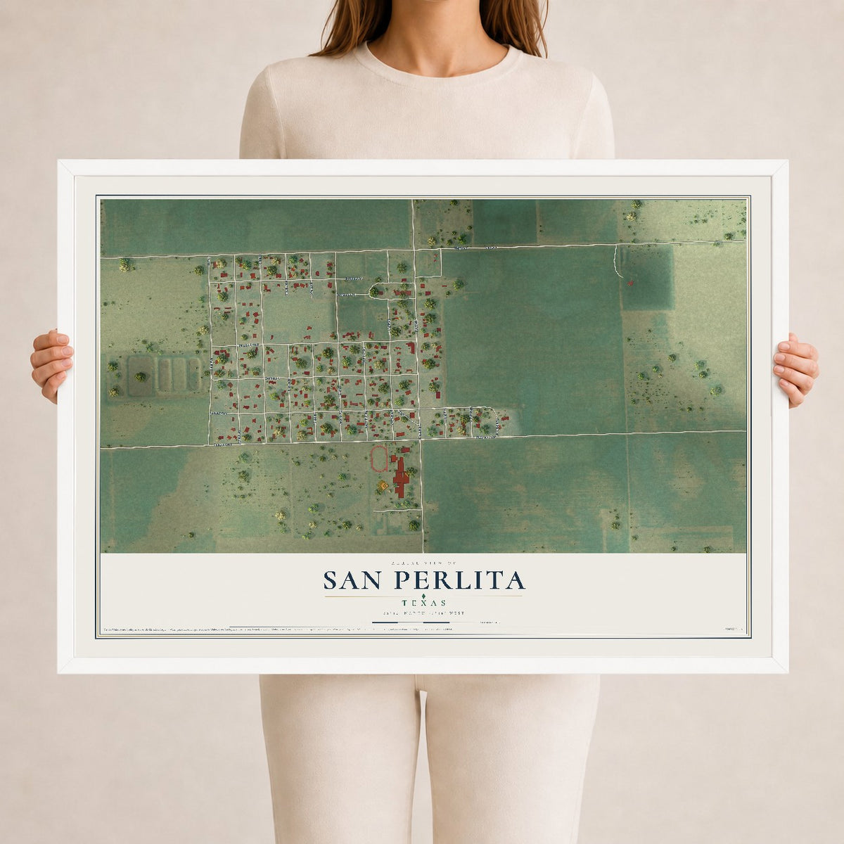 Map of San Perlita, Texas, 24 x 36 inch print in a white wood frame