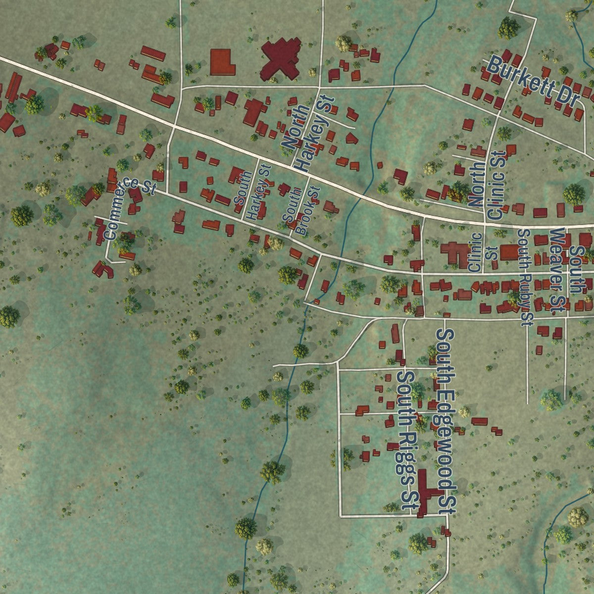 Second close-up of the map of San Saba, Texas print showing more streets and buildings